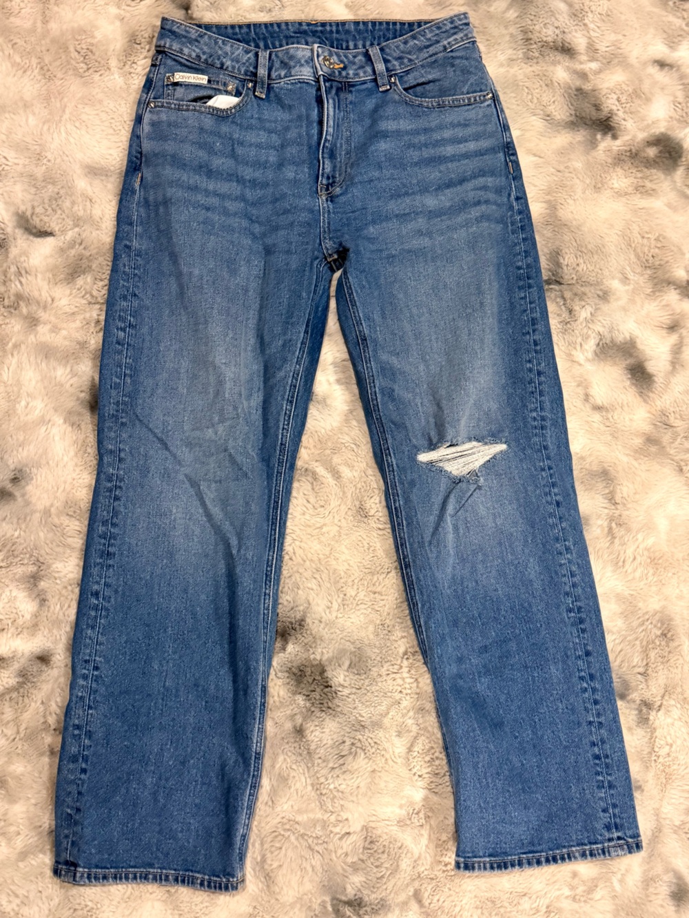 Calvin Klein Light Blue Straight Jeans with Tan Leather Patch